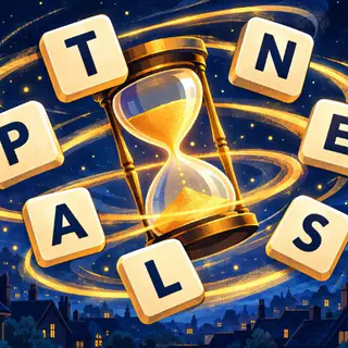 Anagram Blitz cover art: Seven cream letter tiles whirl around a glowing hourglass under a starry midnight sky above the rooftops.