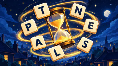 Anagram Blitz cover art: Seven cream letter tiles whirl around a glowing hourglass under a starry midnight sky above the rooftops.