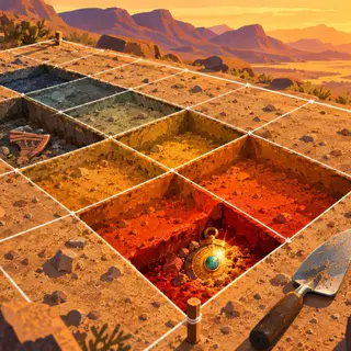 Dig Site cover art: A string grid pegged over a desert dig, trenches from cool blue to hot red, a golden amulet surfacing in the hottest one.