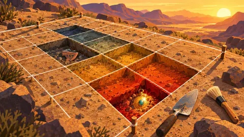 Dig Site cover art: A string grid pegged over a desert dig, trenches from cool blue to hot red, a golden amulet surfacing in the hottest one.