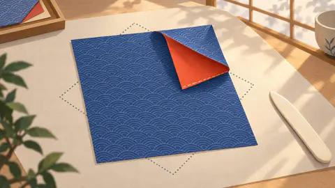 Fold cover art: A square of indigo wave-print origami paper, one corner curling over to show its vermilion back, inside a dotted outline.