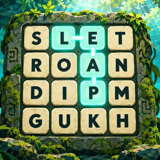 Letter Grid cover art: A 4×4 grid of stone letter tiles in a jungle cenote, the word LEAP traced across it in glowing aqua.