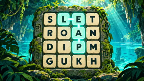 Letter Grid cover art: A 4×4 grid of stone letter tiles in a jungle cenote, the word LEAP traced across it in glowing aqua.