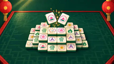 Mahjong Minute cover art: Two matching lotus mahjong tiles lift off a stacked ivory board in a burst of gold sparks, on a jade table between red lanterns.