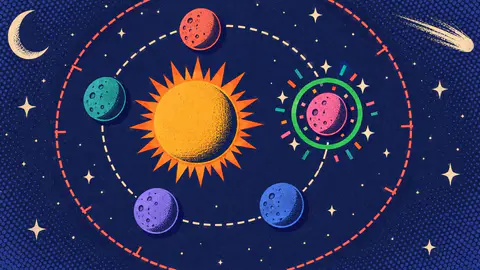 Synonym Sprint cover art: A marigold sun on a printed star chart, five coloured planets on its orbit and one popping in a green ring, with a moon and a comet.