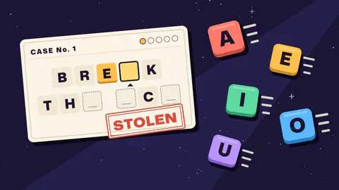 Vowel Stealer cover art: A cream case card reading BRE_K TH_ _C_, stamped STOLEN, with coloured vowel tiles A, E, I, O and U flying back on a starry night.