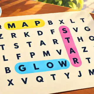 Word Search Rush cover art: A word search on a café table with MAP, STAR and GLOW marked in yellow, pink and blue highlighter.