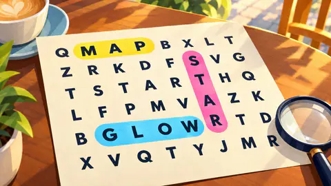 Word Search Rush cover art: A word search on a café table with MAP, STAR and GLOW marked in yellow, pink and blue highlighter.