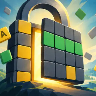 Wordlock cover art: A padlock built from green, yellow and grey letter tiles swings open in a sunny mountain valley.