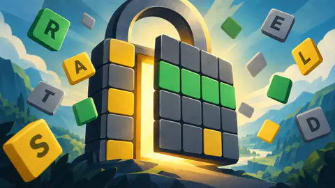 Wordlock cover art: A padlock built from green, yellow and grey letter tiles swings open in a sunny mountain valley.